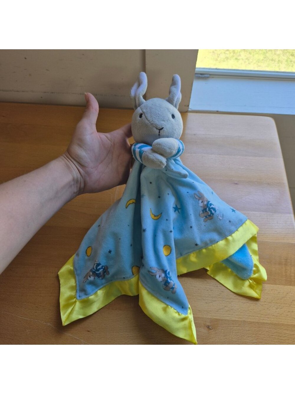 Bunny Plush Lovey Blanket Toy With Moon & Star Print Blue & Yellow Satin Trim